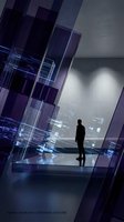 Silhouette of male professional standing in modern digital environment with translucent blue and purple geometric panels, data visualization, and glowing light effects. Suitable for business, technology, innovation, and corporate concepts.