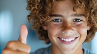 Young curly-haired boy with freckles and bright smile showing thumbs up gesture against blue background. Positive expression conveys happiness and success.
