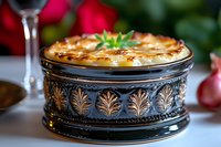 Creamy French onion soup topped with melted gruyere cheese and fresh herbs served in ornate vintage pewter bowl against elegant table setting background.