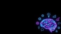 Glowing neon brain with innovation icons on black background for technology, artificial intelligence and creative thinking concepts.