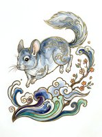 Chinchilla with ornate decorative swirls and floral elements in blue, gold, and teal tones on isolated white background. Suitable for apparel design, stickers, and clipart applications.