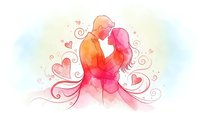 Watercolor couple embracing in romantic pose with flowing hearts and swirls, tender moment illustration for wedding invitations and love-themed designs.
