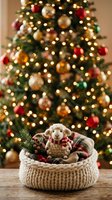Cozy holiday arrangement featuring a knitted sheep figurine in a cream basket with plaid fabric, pinecones, and greenery, set against a softly blurred festive tree with warm lights and ornaments.