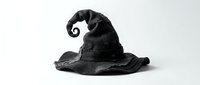 Black witch hat with curved pointed tip isolated on white background for Halloween costume design and magical themed projects.