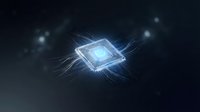 Glowing microchip with luminous energy streams on dark background, representing advanced technology, artificial intelligence, and digital innovation for tech concepts.