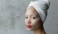 Young Asian woman with white head wrap and natural makeup against neutral gray background, side profile portrait showcasing clean skincare and spa wellness concept.