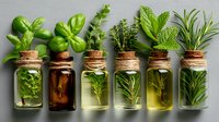 Fresh culinary herbs in small glass bottles with cork stoppers on gray background, including basil, thyme, mint, and rosemary for cooking and aromatherapy.