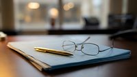 Professional workspace with eyeglasses and golden pen on blue notebook, modern office environment with warm lighting for business presentations.