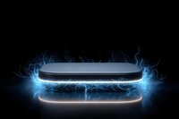 Glowing platform with electric lightning effects on black background, futuristic product display stand with blue energy sparks and reflective surface.