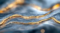 Elegant golden waves flow across textured blue surface creating abstract luxury pattern with selective focus and bokeh effect for modern design background.