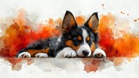 Border Collie puppy resting with paws on white surface against vibrant orange and red watercolor splash background, artistic pet portrait composition.