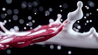 Dynamic splash of red wine and milk colliding in mid-air creating artistic fluid motion against dark background with bokeh effect and dramatic lighting.