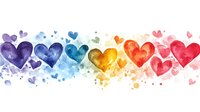 Watercolor rainbow hearts border with splashes and tiny floating hearts in purple, blue, yellow, orange and red colors on white background. Seamless pattern.
