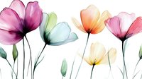 Delicate watercolor poppies in soft pastel colors with translucent petals and long stems on white background, floral art suitable for wall decor and stationery design.