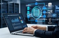 Business professional analyzing data warehouse analytics on laptop with holographic database management system icons and charts in modern server room environment.