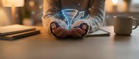 Hands holding glowing digital hologram with upward arrow and financial charts, representing business growth, investment success, and data analysis for corporate presentations.