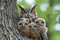 Great horned owl mother protectively watching over three young owlets nestled together in tree hollow, natural forest habitat with soft green bokeh background.