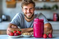 Young Caucasian man with beard smiling in kitchen while preparing healthy breakfast smoothie with fresh strawberries and granola in modern home setting.