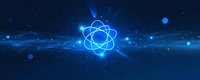 Futuristic atomic structure with glowing blue orbits and particles on dark background, perfect for science and technology concepts or quantum physics presentations.