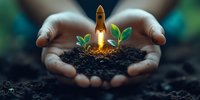 Hands holding soil with small green seedlings and glowing rocket, symbolizing growth, innovation, and business launch concept for startups and entrepreneurship.