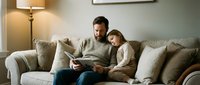 Father and daughter reading book together on comfortable sofa in cozy living room. Family bonding time with warm lighting and modern home decor.