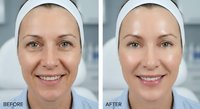 Middle-aged Caucasian woman showing skincare transformation before and after treatment results with headband in clinical setting for beauty procedures.