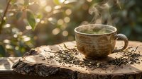 Steaming hot coffee cup on rustic wooden table with scattered beans in warm sunlight filtering through green foliage creating peaceful morning atmosphere.