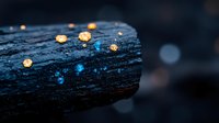 Glowing orange mushrooms and bioluminescent blue fungi growing on dark wet wood at night, creating magical forest atmosphere with bokeh light effects.