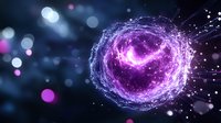 Glowing purple energy sphere with particle effects and light trails against dark background, magical cosmic portal with bokeh lights and sparkles.