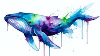 Watercolor whale with vibrant blue purple green paint splashes and drips on white background. Marine mammal art for ocean conservation posters.