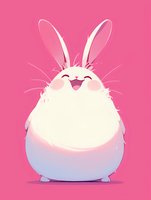 Chubby white bunny character with happy expression and long ears on pink background, round fluffy body in minimalist cartoon style. Isolated design for children products.