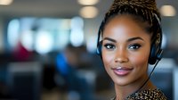 Young African American woman customer service representative wearing headset smiling in modern office environment for business communication support.