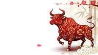 Red ornate bull with golden decorative patterns and traditional Asian motifs on white background for lunar new year celebrations and festive designs.