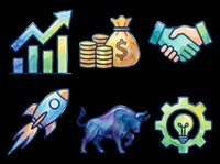 Watercolor business icon set isolated on transparent background, featuring growth chart, money bag, handshake, rocket, bull, and gear with lightbulb for clipart and print on demand.