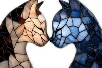 Mosaic style cat heads facing each other in beige and blue colors creating heart shape negative space between them on white background, artistic pet illustration.