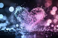 Magical heart shape formed by water drops and splashes in pink and blue colors with bokeh lights background, reflecting on wet surface. Romantic concept.