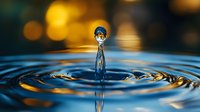 Mesmerizing water drop splash captured at peak moment with golden bokeh background creating concentric ripples on blue water surface. Perfect for wellness concepts.