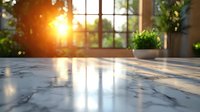Luxurious marble countertop with warm sunlight streaming through window, creating golden reflections on polished stone surface in modern kitchen interior.
