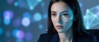 Young Asian businesswoman with digital facial recognition grid overlay in futuristic technology environment for AI security applications.