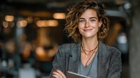 Professional businesswoman with curly hair smiling confidently in modern office environment wearing gray blazer for corporate and career success concepts.