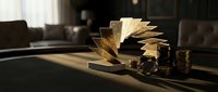 Golden paper money bills fanned out dramatically on dark surface with coins, representing wealth, finance, and business success in warm lighting.