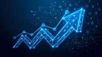 Glowing blue digital arrow trending upward with geometric network connections and data visualization elements on dark background for business growth concepts.