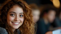 Young Caucasian woman with curly ginger hair and bright smile looking at camera, wearing grey sweater against blurred background in warm lighting atmosphere.