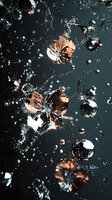 Sparkling crystal flowers floating in dark water with dramatic splashes and droplets creating luxury jewelry advertisement backdrop for premium brands.