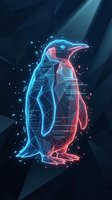Digital penguin wireframe with glowing blue and red neon lights on dark geometric background for technology and innovation concepts.