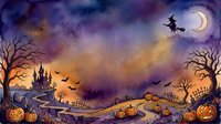Spooky Halloween watercolor scene with witch on broomstick, haunted castle, glowing pumpkins, bats, and crescent moon in purple night sky.