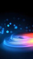 Glowing spiral light trails with vibrant blue, pink and yellow neon colors against dark background with bokeh effect, creating futuristic abstract composition.