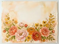 Watercolor floral border with peony, rose, and ranunculus in warm coral, orange, and yellow tones on textured paper background with copy space.