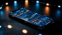 Smartphone displaying financial trading app with stock market charts and data analysis on dark surface with colorful bokeh lights background.