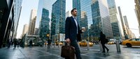 Professional businessman in dark suit walking through modern urban financial district with glass skyscrapers and city traffic during daytime commute.